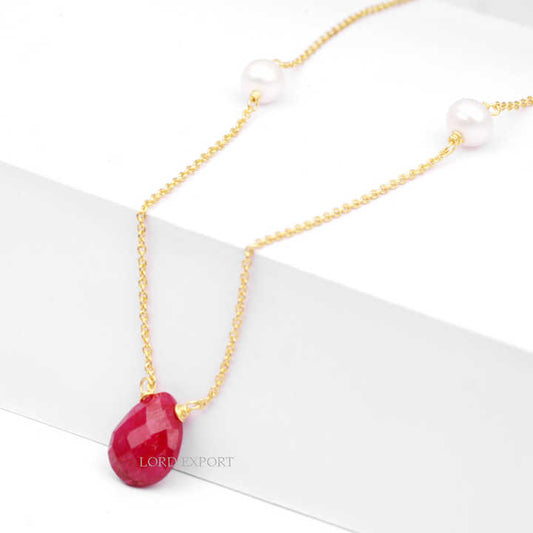 Natural Freshwater Pearl & Dyed Ruby Sterling Silver Gold Plated Chain Necklace