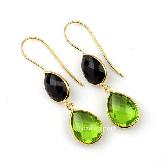Natural Stone Black Onyx Peridot Silver Earrings Indian Jewelry Supplier Handmade Gold Plated Sterling Silver Dangle Earrings