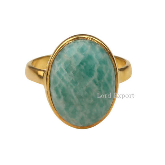 Best Selling 12x16mm Natural Amazonite Gemstone Bezel Jewelry 18k Gold Plated Genuine 925 Silver Dainty Oval Shape Ring for Her