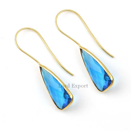 Best Selling 12x25mm Blue Sapphire Quartz Stone Handmade 1 Micron Gold 925 Sterling Silver Fashion Earrings for Women