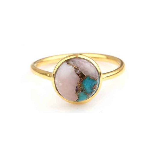 Best Selling Genuine 925 Sterling Silver Natural 10mm Pink Opal Copper Turquoise Gemstone 18k Gold Plated Dainty Ring for Women