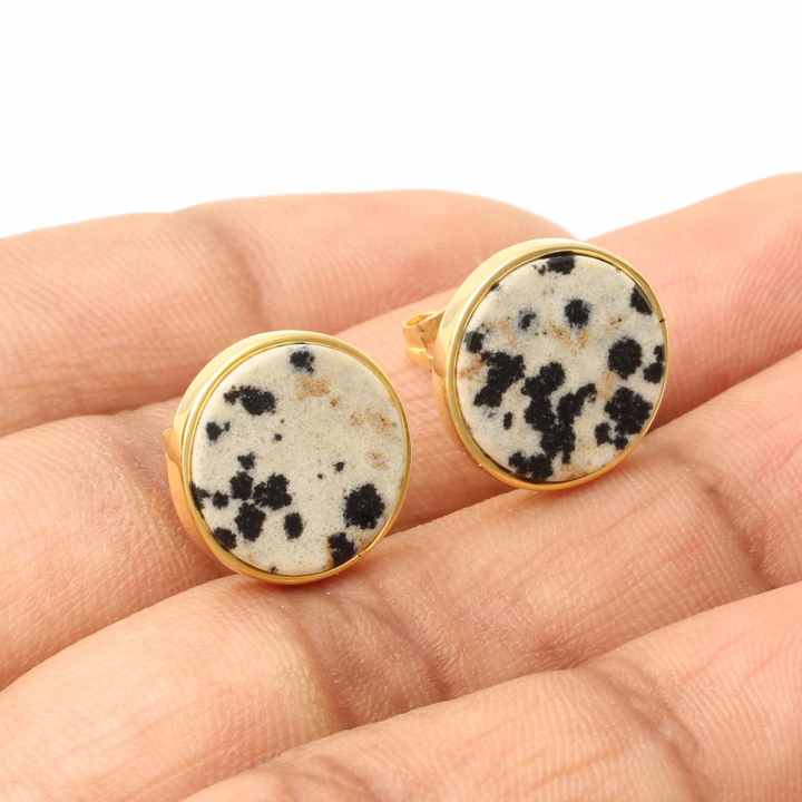 Handmade Dalmatian Jasper Women Earrings 18k Gold Plated Sterling Silver Natural Round Shape Gemstone Stud Earrings