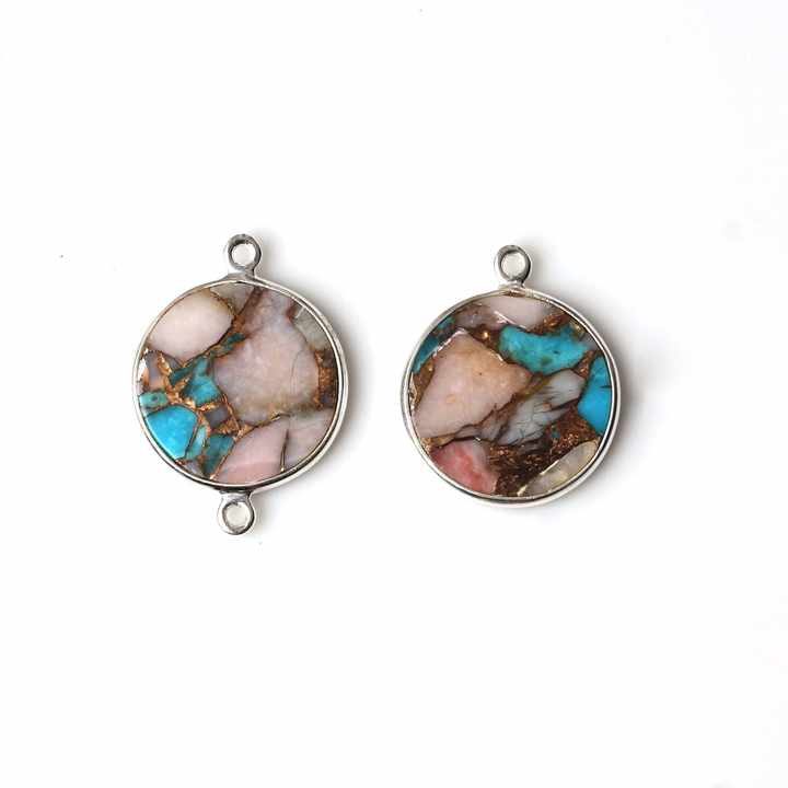 12mm Round Coin Pink Opal Copper Turquoise Composite Gemstone Bezel Silver Charms Connector Pendant for Necklace & Bracelet