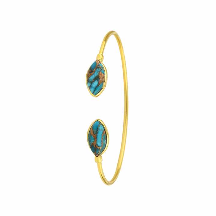 Beautiful 8x16mm Natural Blue Copper Turquoise Gemstone 18k Gold Plated Sterling Silver Dainty Adjustable Cuff Bangle for Women