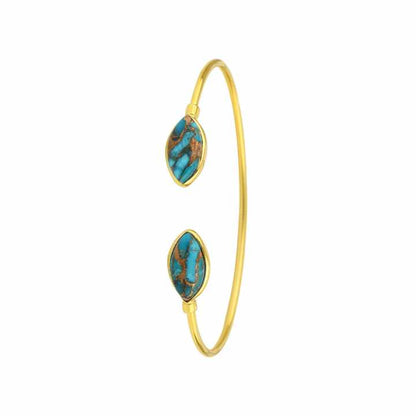 Beautiful 8x16mm Natural Blue Copper Turquoise Gemstone 18k Gold Plated Sterling Silver Dainty Adjustable Cuff Bangle for Women