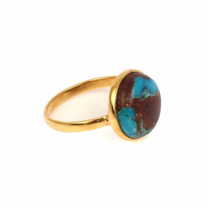 Hot Selling New Design 12mm Natural Lava Copper Turquoise Gemstone 18k Gold Plated Sterling Silver Round Shape Ring for Women