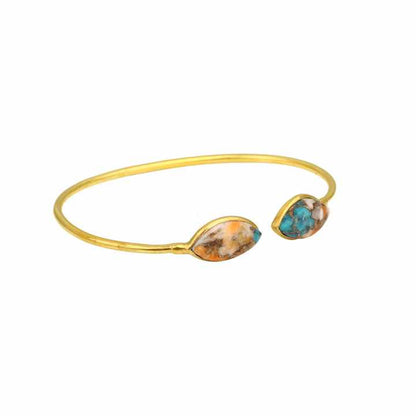 Solid 925 Sterling Silver Mohave Spiny Oyster Copper Turquoise Gemstone Bezel 18k Gold Plated Cuff Adjustable Bangle for Women