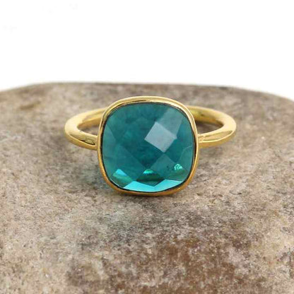 2024 Top Selling 12mm Green Dyed Teal Hydro Quartz Gemstone 18k Gold Plated Sterling Silver Cushion Dainty Ring for Women Jewels