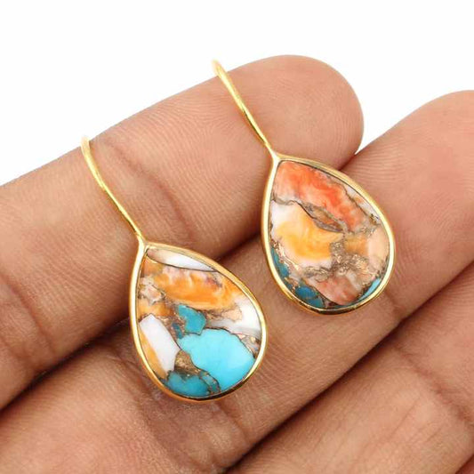 Top Selling Mohave Spiny Oyster Copper Turquoise Gemstone Bezel 18k Gold Plated Sterling Silver Teardrop Earrings for Women
