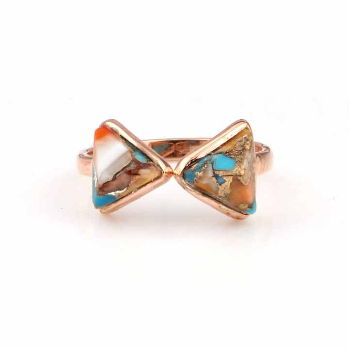 New Arrival 8mm Natural Spiny Oyster Copper Turquoise Rose Gold Plated 925 Sterling Silver Bow Tie Ribbon Adjustable Ring Her