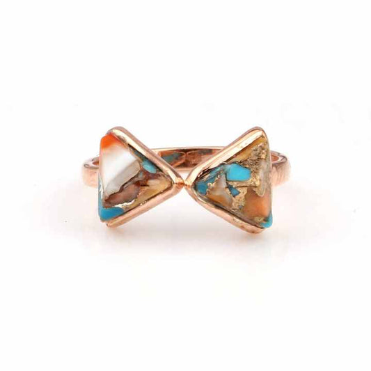 New Arrival 8mm Natural Spiny Oyster Copper Turquoise Rose Gold Plated 925 Sterling Silver Bow Tie Ribbon Adjustable Ring Her