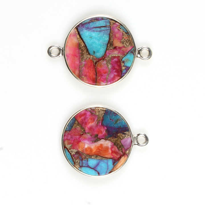 12mm Natural Mix Oyster Copper Turquoise Gemstone Jewellery Handmade Silver Round Coin Charm Connector for Pendant and Necklace