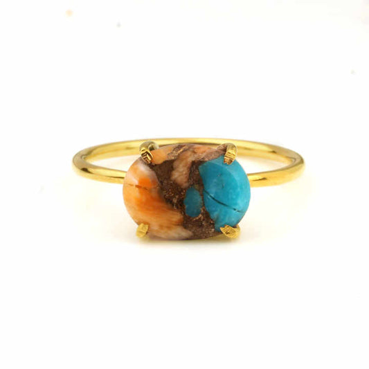 Summer Hot Selling 10x14mm Kingman Spiny Oyster Turquoise 18k Gold Plated Sterling Silver Dainty Oval Prong Setting Ring for Her