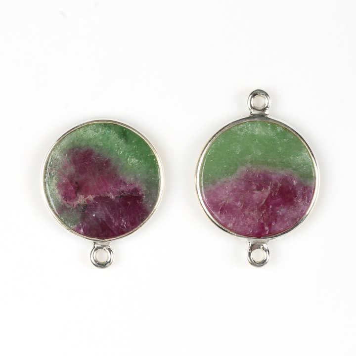 New Arrival 12mm Natural Ruby Zoisite Gemstone 925 Sterling Silver Geometric Round Coin Charm Connector for Pendant Necklace