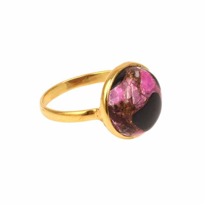 High Quality 12mm Pink Black Copper Turquoise Stone 18k Gold Plated Pure Sterling Silver Bezel Set Dainty Round Ring for Women