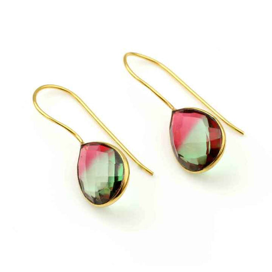 Latest Women Fashion Bi Tourmaline Gemstone Indian Jewelry Earrings Handmade 925 Sterling Silver 18k Gold Plated Dangle Earrings