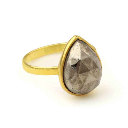 Top Selling High Polish 12x16mm Natural Fool Gold Pyrite Gemstone Solid 925 Sterling Silver Bezel Ring for Women