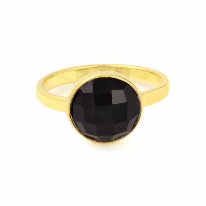 Top Selling Black Onyx Gemstone Genuine 925 Sterling Silver 18k Gold Plated Handmade Dainty 12mm Round Ring Women Fine Jewelry