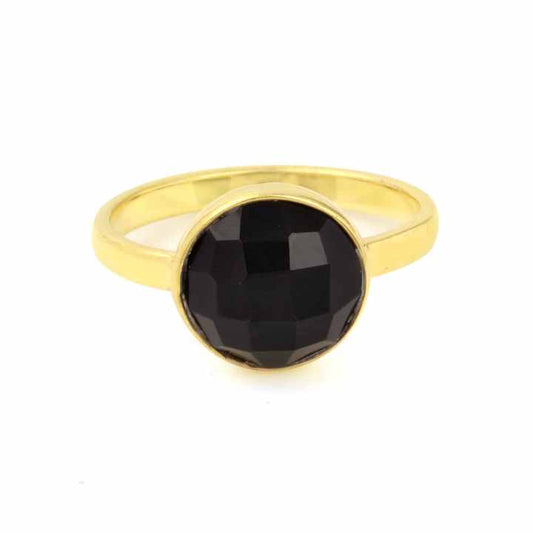Top Selling Black Onyx Gemstone Genuine 925 Sterling Silver 18k Gold Plated Handmade Dainty 12mm Round Ring Women Fine Jewelry
