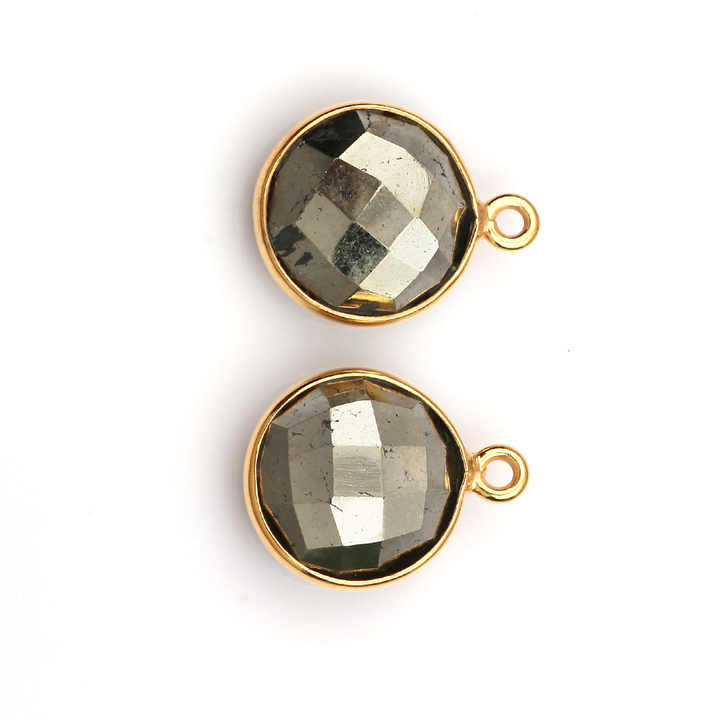 12mm Natural Fools Gold Pyrite Faceted Gemstone Bezel 18k Gold Plated Sterling Silver Round Shape Charm Pendant Finding Supplier
