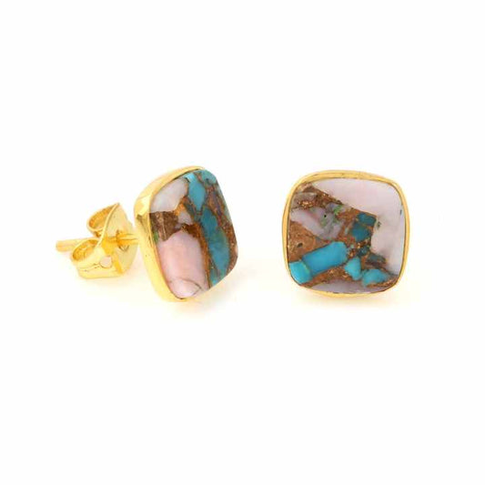 Beautiful 12mm Mohave Pink Opal Copper Turquoise Gemstone Cushion Gold Vermeil Post Stud Earrings in Genuine 925 Sterling Silver