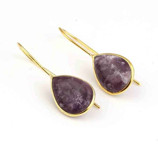 Best Selling 12x16mm Natural Lepidolite Gemstone Jewelry Sterling Silver 18k Gold Plated Pear Shape Dangle Earrings for Women