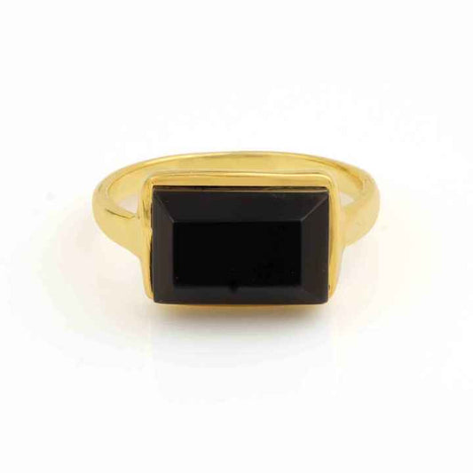 Beautiful 8x16mm Natural Black Onyx Gemstone Bezel 18k Gold Plated Sterling Silver Dainty Rectangle Octagon Cut Ring for Women