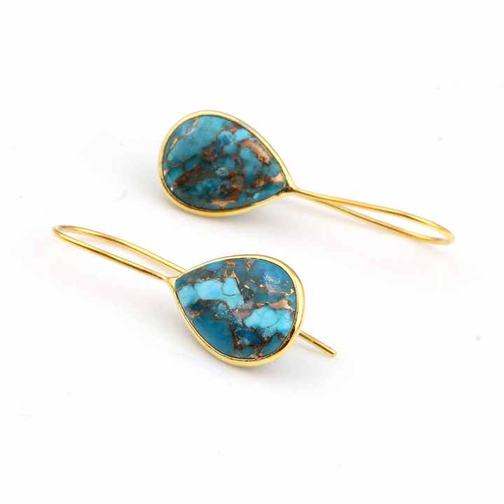 High Quality 12x16mm Natural Blue Copper Turquoise Mohave Stone Jewelry 18k Gold Plated Sterling Silver Drop Earrings for Women