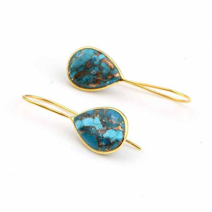 High Quality 12x16mm Natural Blue Copper Turquoise Mohave Stone Jewelry 18k Gold Plated Sterling Silver Drop Earrings for Women