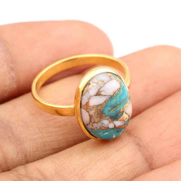 Top Selling 10x14mm Mohave Turquoise Pink Opal Copper Gemstone Bezel 18k Gold Plated Sterling Silver Dainty Oval Ring for Women