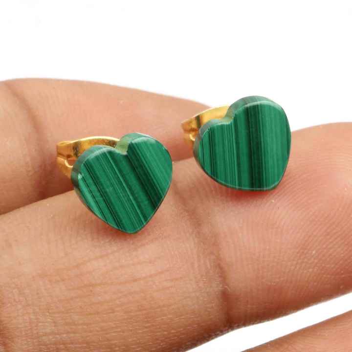 Wholesale Women's Girls' Fine Stud Earrings Lovely Heart-Shape Natural Malachite Gemstone Jewelry Sterling Silver & Gold Plated