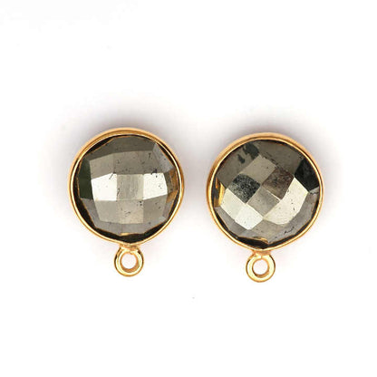 12mm Natural Fools Gold Pyrite Faceted Gemstone Bezel 18k Gold Plated Sterling Silver Round Shape Charm Pendant Finding Supplier