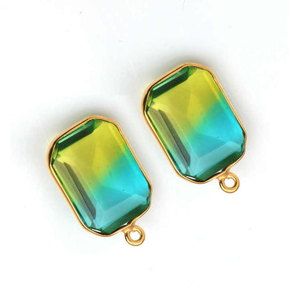 Beautiful High Polished Bio-Tourmaline Doublet Quartz Gemstone Gold Plated Sterling Silver Station Rectangle Charm for Pendant