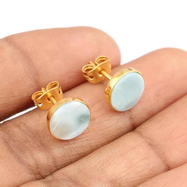 Best Selling Gorgeous Women Fashion Sterling Silver Natural Larimar Gemstone Bezel 18k Gold Plated Dainty Stud Earrings Jewelry