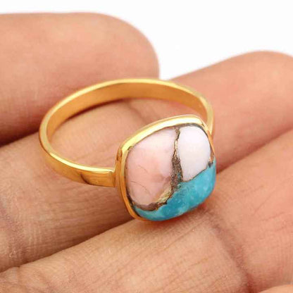 2024 Hot Selling 12mm Mohave Pink Opal Copper Turquoise Stone 18k Gold Plated Sterling Silver Dainty Cushion Ring Women Jewelry