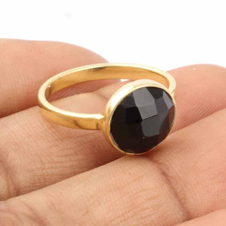 Top Selling Black Onyx Gemstone Genuine 925 Sterling Silver 18k Gold Plated Handmade Dainty 12mm Round Ring Women Fine Jewelry