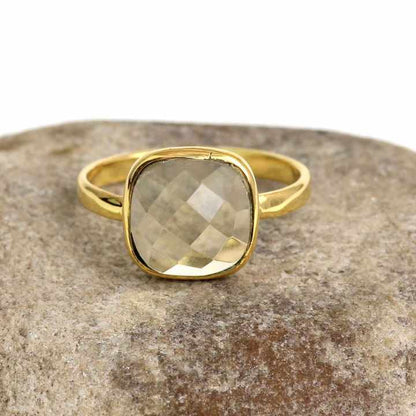 New Arrival 12mm Lemon Quartz Gemstone 925 Sterling Silver Handmade Jewelry High Polish Gold Plated Ring for Women and Women