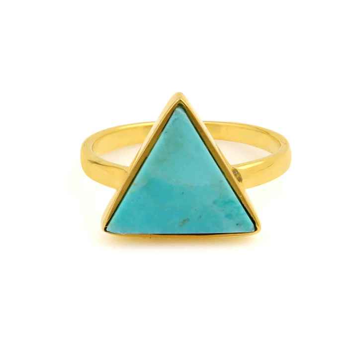 Triangle Shape Single Stone Ring Natural Arizona Turquoise Statement Ring Gemstone Jewelry 925 Sterling Silver Gold Plated Ring