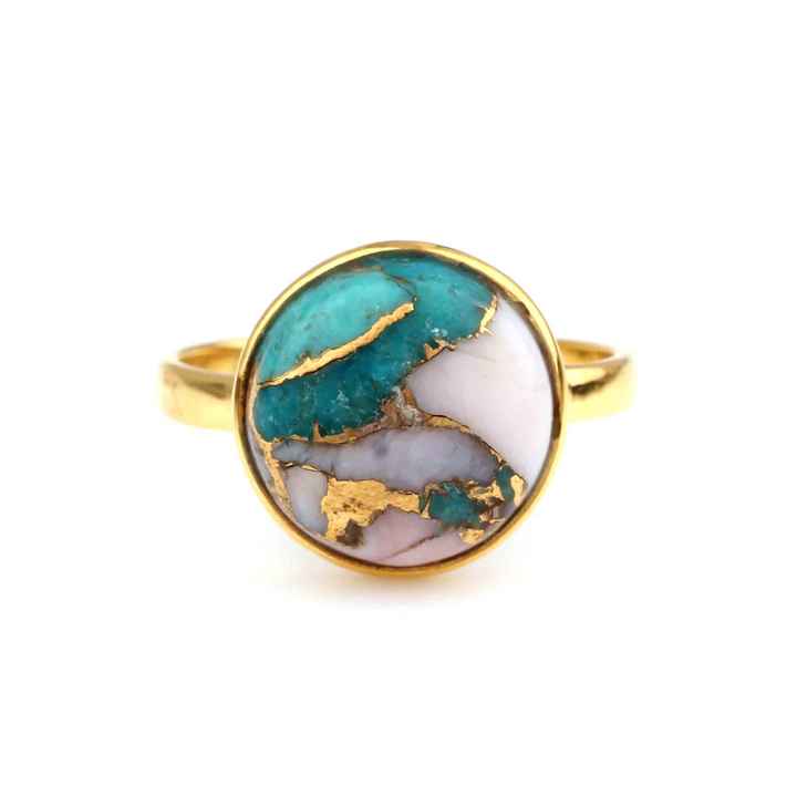 Hot Selling Beautiful Pink Opal Copper Turquoise Gemstone 18k Gold Plated Sterling Silver Dainty Boho 12mm Round Ring for Women