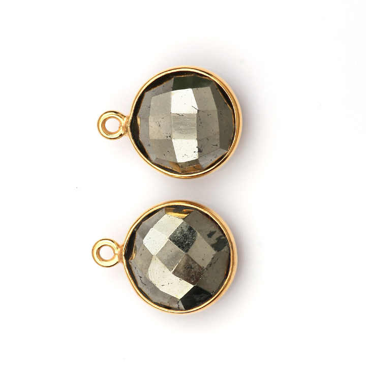 12mm Natural Fools Gold Pyrite Faceted Gemstone Bezel 18k Gold Plated Sterling Silver Round Shape Charm Pendant Finding Supplier