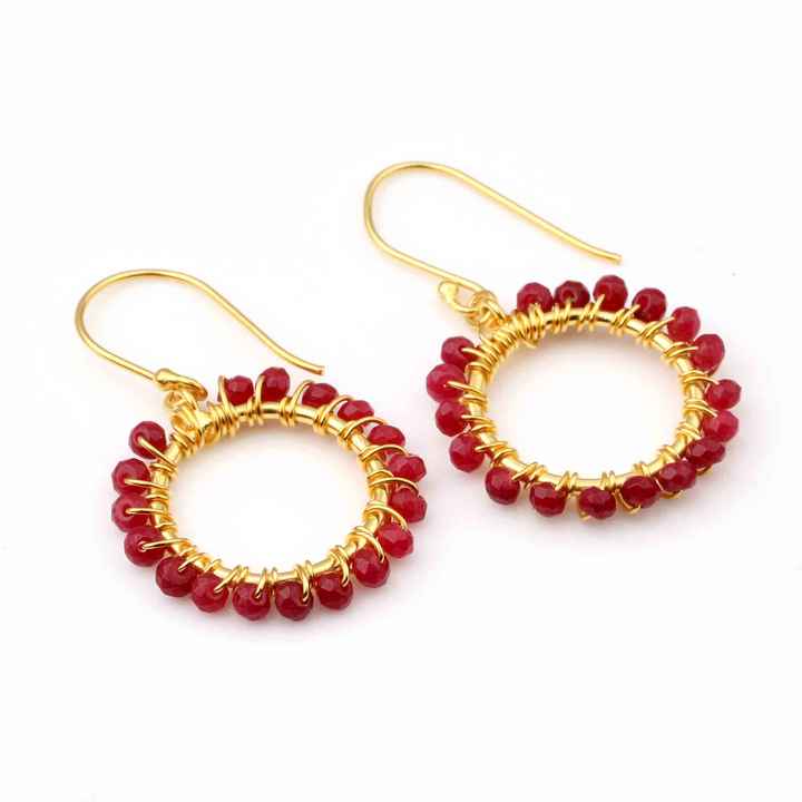 Women Fashion Dyed Rudy Drop Earrings Wholesale 925 Sterling Silver Gemstone Jewelry Gold Plated Round Beaded Drop Earrings