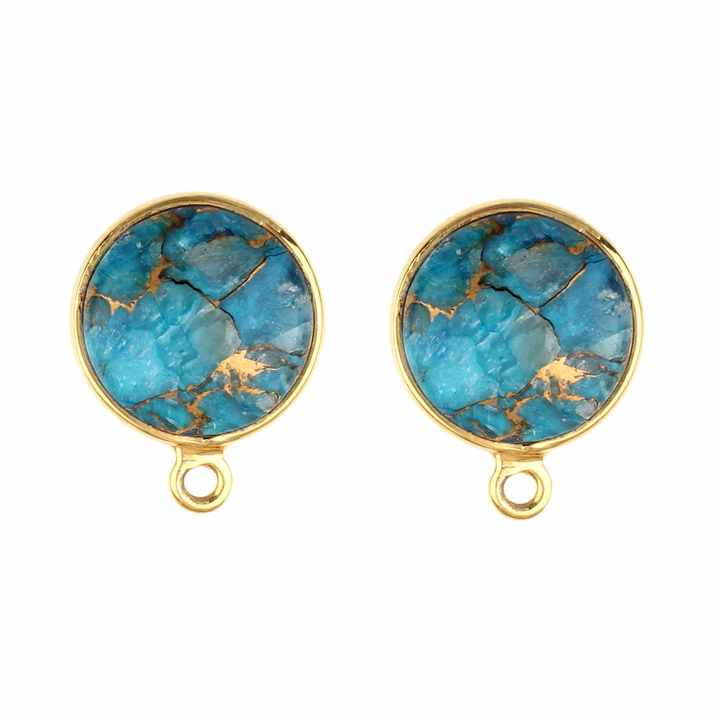 12mm Natural Mohave Blue Copper Turquoise Gemstone Bezel 18k Gold Plated Sterling Silver Round Shape Charm Pendant for Necklace