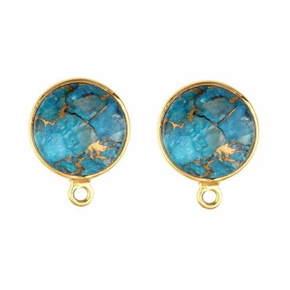 12mm Natural Mohave Blue Copper Turquoise Gemstone Bezel 18k Gold Plated Sterling Silver Round Shape Charm Pendant for Necklace