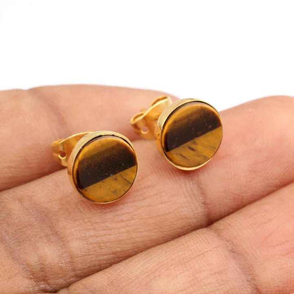 Hot Selling 10mm Natural Tiger Eye Stone Waterproof Jewelry 925 Silver 18k Gold Plated Daily Wear Dainty Stud Earrings for Women