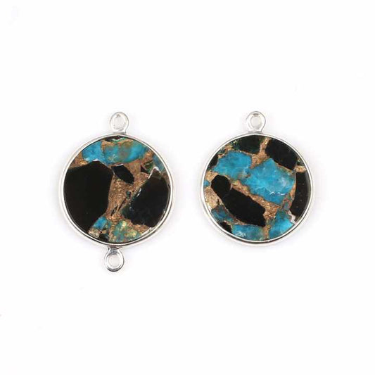 Top Selling Genuine 925 Sterling Silver Mohave Blue Black Copper Turquoise Gemstone 12mm Round Coin Shape Bezel Connector Charms