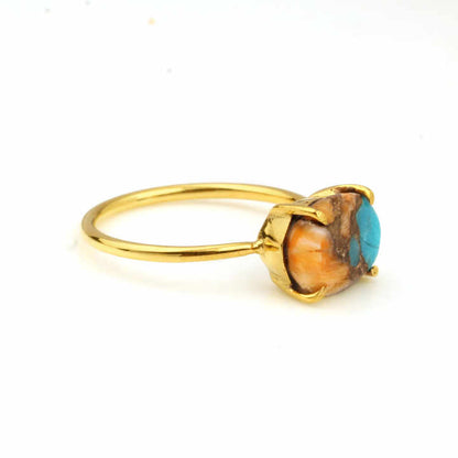 Summer Hot Selling 10x14mm Kingman Spiny Oyster Turquoise 18k Gold Plated Sterling Silver Dainty Oval Prong Setting Ring for Her