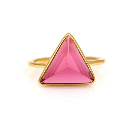 12mm Pink Tourmaline Hydro Quartz Gemstone Bezel 18k Gold Plated Sterling Silver Triangle Shape Dainty Casual Ring Women Jewelry