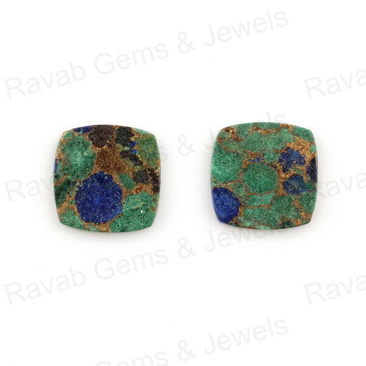 Azurite Copper Cushion Smooth Flat Gemstone, Best Quality Loose Beads Stone For Jewelry Earring Making -12mm  2 Pcs Set All Size Available