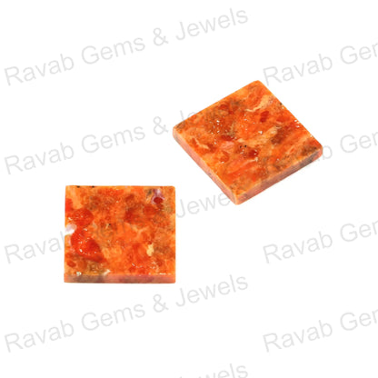 Apple Coral Copper 12mm Square Shape Flat Gemstone, Calibrated Stone For Jewelry, Loose Beads Stones For Jewelry Making - 2 Pcs Set