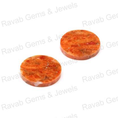 Apple Coral Copper Coin Shape 12mm Both Side Flat Gemstone, Calibrated Stones For Jewelry Earring Making, Pair Stones For Sale 2 Pcs Set